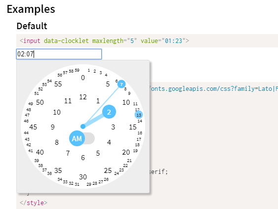 Toque-amigable reloj selector de tiempo plugin-clocklet